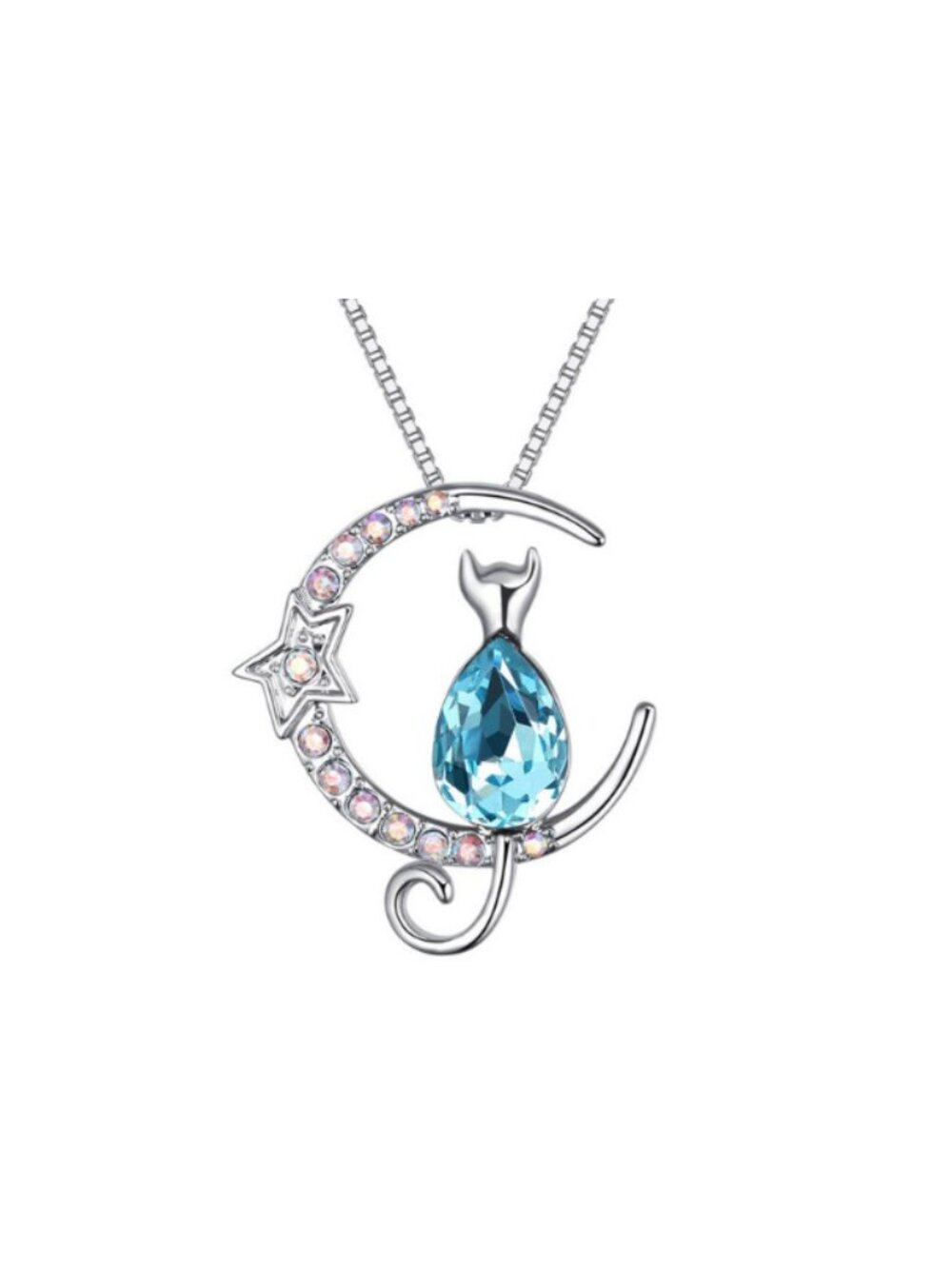 NWT Made with Swarovski Blue Crystal Cat Moon Pendant Necklace
